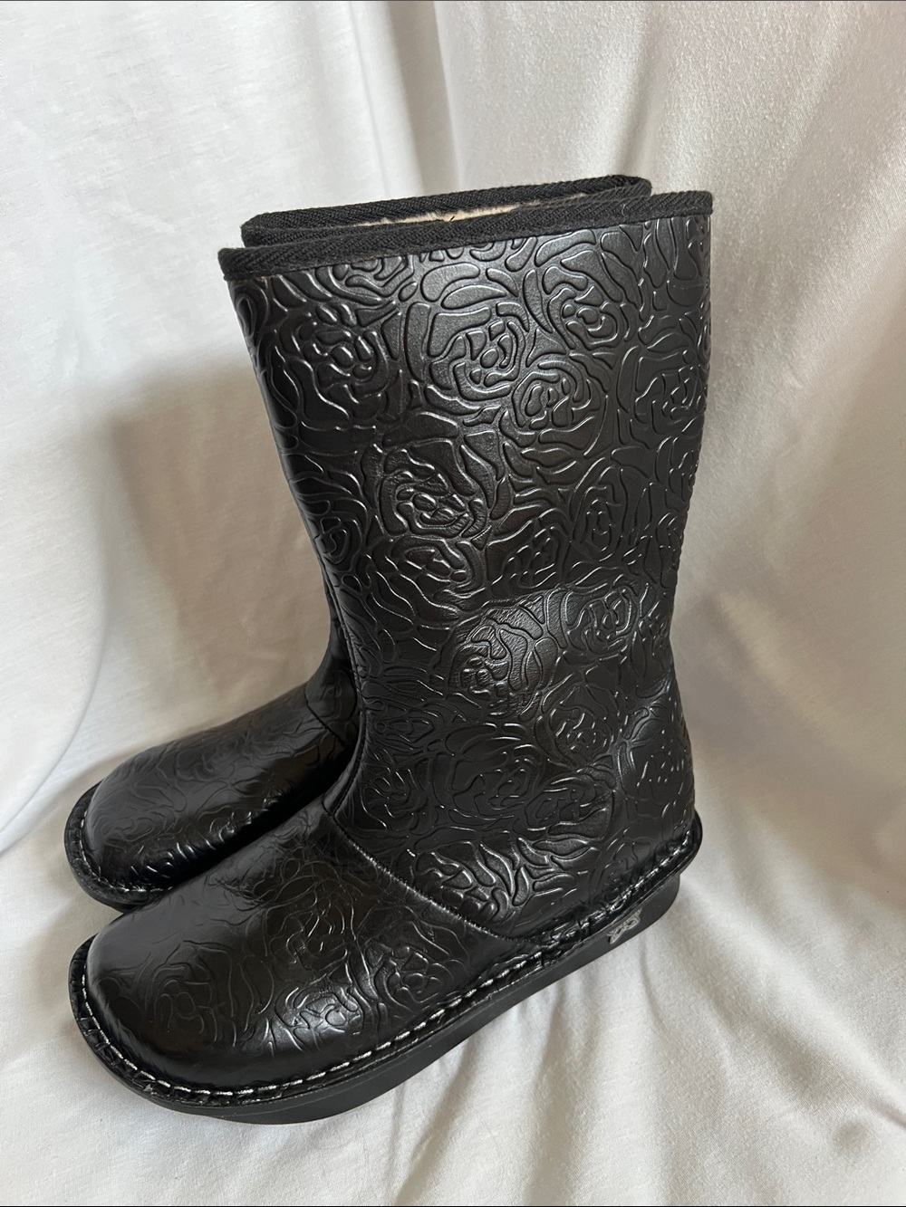 Alegria Black Embossed Rose Mid-Calf Shearling Boots